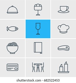 Vector Illustration Of 12 Eating Icons. Editable Pack Of Tray, Table, Wineglass And Other Elements.