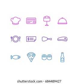 Vector Illustration Of 12 Eating Icons. Editable Pack Of Card, Alcohol, Seafood And Other Elements.