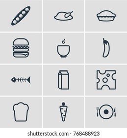 Vector Illustration Of 12 Eating Outline Icons. Editable Set Of Loaf, Cheddar, Flan And Other Elements.