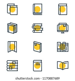 Vector illustration of 12 education icons line style. Editable set of online bookmark, literature, magazine and other icon elements.