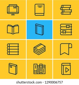 Vector illustration of 12 education icons line style. Editable set of learn, bookmark, encyclopedia and other icon elements.