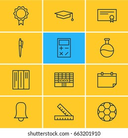 Vector Illustration Of 12 Education Icons. Editable Pack Of Tube, Diploma, Cap And Other Elements.