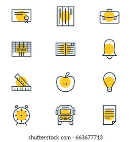 Vector Illustration Of 12 Education Icons. Editable Pack Of Portfolio, School, Paper And Other Elements.