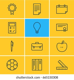 Vector Illustration Of 12 Education Icons. Editable Pack Of Portfolio, Fruit, Calculate And Other Elements.