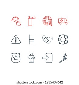 Vector illustration of 12 emergency icons line style. Editable set of helmet, police, lifebuoy and other icon elements.