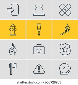 Vector Illustration Of 12 Emergency Icons. Editable Pack Of Door, Adhesive, Fire And Other Elements.