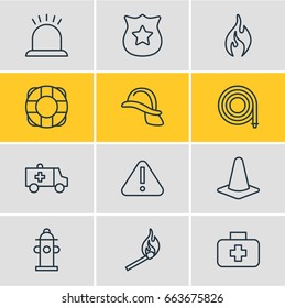 Vector Illustration Of 12 Emergency Icons. Editable Pack Of Alarm, Exclamation, Hardhat And Other Elements.