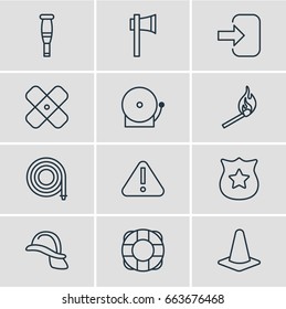 Vector Illustration Of 12 Emergency Icons. Editable Pack Of Adhesive, Hosepipe, Ax And Other Elements.