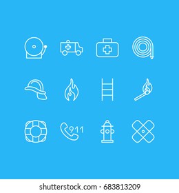 Vector Illustration Of 12 Emergency Icons. Editable Pack Of Hosepipe, Hardhat, Siren And Other Elements.
