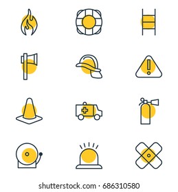 Vector Illustration Of 12 Emergency Icons. Editable Pack Of Exclamation, Siren, Ax And Other Elements.