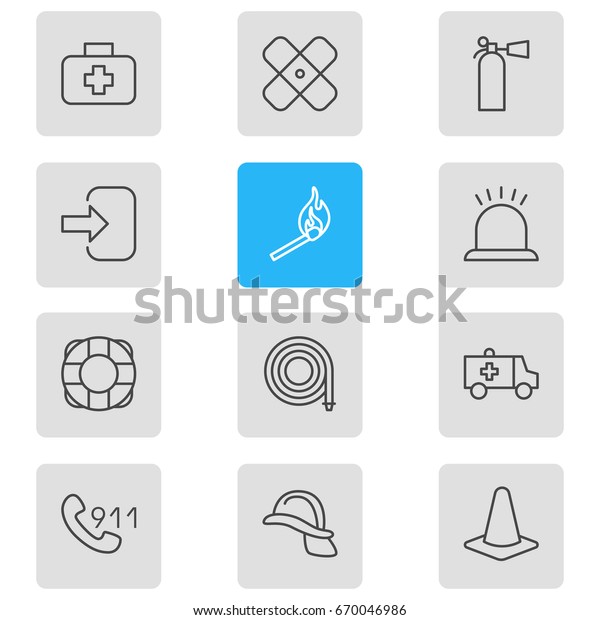Vector Illustration\
Of 12 Emergency Icons. Editable Pack Of Hosepipe, Lifesaver, Door\
And Other Elements.
