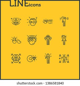 Vector illustration of 12 emoji icons line style. Editable set of think outside box, respect, innocent and other icon elements.