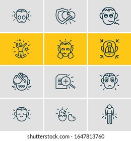 Vector illustration of 12 emoji icons line style. Editable set of pathetic, research, guilty and other icon elements.