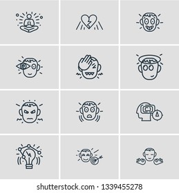 Vector illustration of 12 emotions icons line style. Editable set of vision, amazed, innocent and other icon elements.