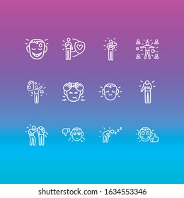 Vector illustration of 12 emotions icons line style. Editable set of hungover, pessimistic, gratitude and other icon elements.