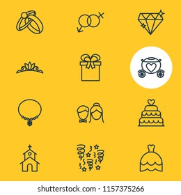 Vector illustration of 12 engagement icons line style. Editable set of diamond, firework, necklace and other icon elements.
