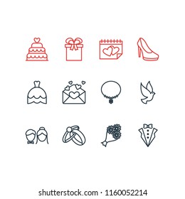 Vector illustration of 12 engagement icons line style. Editable set of necklace, posy, marriage day and other icon elements.