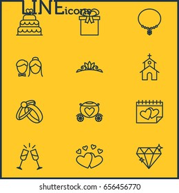 Vector Illustration Of 12 Engagement Icons. Editable Pack Of Patisserie, Chariot, Calendar And Other Elements.