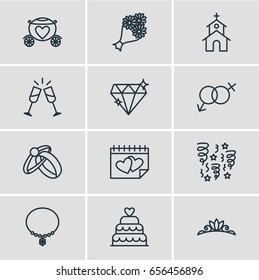 Vector Illustration Of 12 Engagement Icons. Editable Pack Of Calendar, Decoration, Bridal Bouquet And Other Elements.