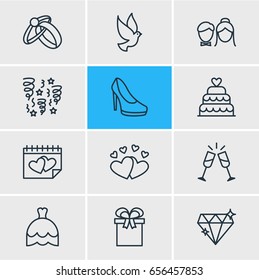 Vector Illustration Of 12 Engagement Icons. Editable Pack Of Patisserie, Brilliant, Couple And Other Elements.
