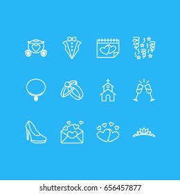 Vector Illustration Of 12 Engagement Icons. Editable Pack Of Engagement, Love, Card And Other Elements.