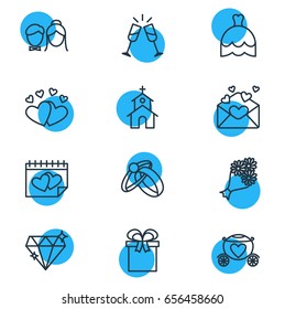 Vector Illustration Of 12 Engagement Icons. Editable Pack Of Bridal Bouquet, Calendar, Wedding Gown And Other Elements.