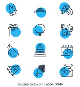 Vector Illustration Of 12 Engagement Icons. Editable Pack Of Jewelry, Card, Bridal Bouquet And Other Elements.