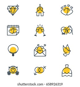 Vector Illustration Of 12 Engagement Icons. Editable Pack Of Love, Jewelry, Pigeon And Other Elements.