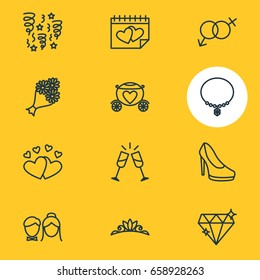 Vector Illustration Of 12 Engagement Icons. Editable Pack Of Couple, Chariot, Love And Other Elements.