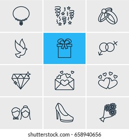 Vector Illustration Of 12 Engagement Icons. Editable Pack Of Sexuality Symbol, Bridal Bouquet, Pigeon And Other Elements.