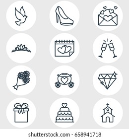 Vector Illustration Of 12 Engagement Icons. Editable Pack Of Patisserie, Accessories, Wineglass And Other Elements.