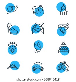 Vector Illustration Of 12 Engagement Icons. Editable Pack Of Engagement, Accessories, Patisserie And Other Elements.