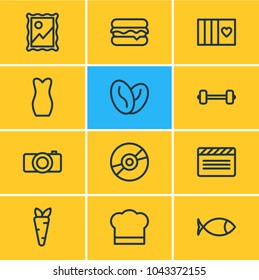 Vector illustration of 12 entertainment icons line style. Editable set of veggie, arabica bean, barbell and other icon elements.