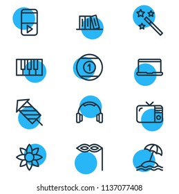 Vector illustration of 12 entertainment icons line style. Editable set of piano, library, laptop and other icon elements.