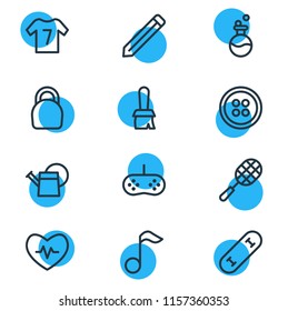 Vector illustration of 12 entertainment icons line style. Editable set of button, game controller, uniform and other icon elements.