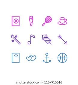 Vector illustration of 12 entertainment icons line style. Editable set of tea, tennis, arrow and other icon elements.