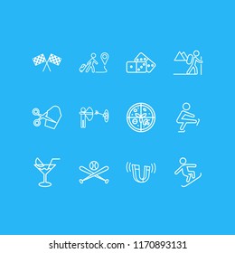 Vector illustration of 12 entertainment icons line style. Editable set of skating, domino, cocktail and other icon elements.