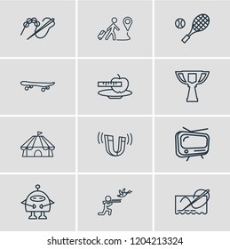 Vector illustration of 12 entertainment icons line style. Editable set of tv, stitching, tennis and other icon elements.