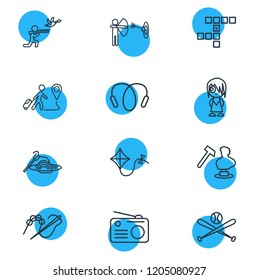 Vector illustration of 12 entertainment icons line style. Editable set of baseball, beading, jumping rope and other icon elements.