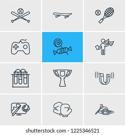 Vector illustration of 12 entertainment icons line style. Editable set of candy, boxing, award cup icon elements.