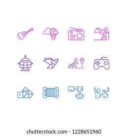 Vector illustration of 12 entertainment icons line style. Editable set of travelling, hot air balloon, puzzle and other icon elements.