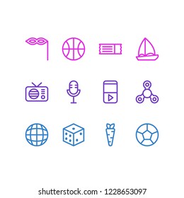 Vector illustration of 12 entertainment icons line style. Editable set of globe, dice, carrot and other icon elements.
