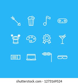 Vector illustration of 12 entertainment icons line style. Editable set of treble, popcorn, 3d glasses and other icon elements.