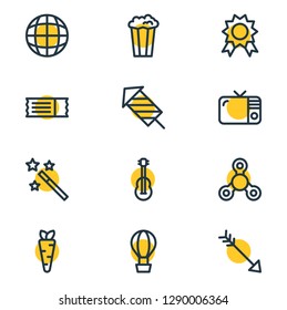 Vector illustration of 12 entertainment icons line style. Editable set of airship, spinner, guitar and other icon elements.