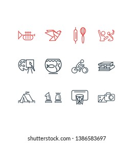 Vector illustration of 12 entertainment icons line style. Editable set of biking, aquarium, origami and other icon elements.