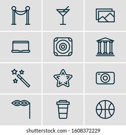 Vector illustration of 12 entertainment icons line style. Editable set of barrier, magic wand, star icon elements.
