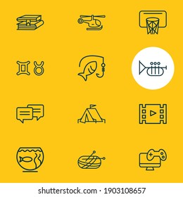 Vector illustration of 12 entertainment icons line style. Editable set of cinema, chatting, copter and other icon elements.