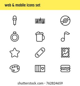 Vector Illustration Of 12 Entertainment Outline Icons. Editable Set Of Engagement, Cheeseburger, Artist And Other Elements.