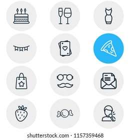 Vector illustration of 12 event icons line style. Editable set of cake, singing man, strawberry and other icon elements.