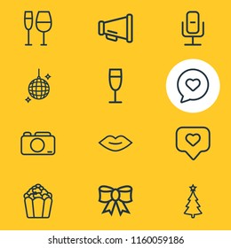 Vector illustration of 12 event icons line style. Editable set of popcorn, champagne, christmas tree and other icon elements.